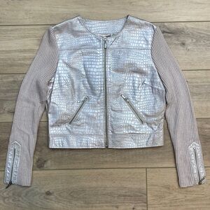 Phosphorus Genuine Leather Knit Sleeve Moto Jacket‎